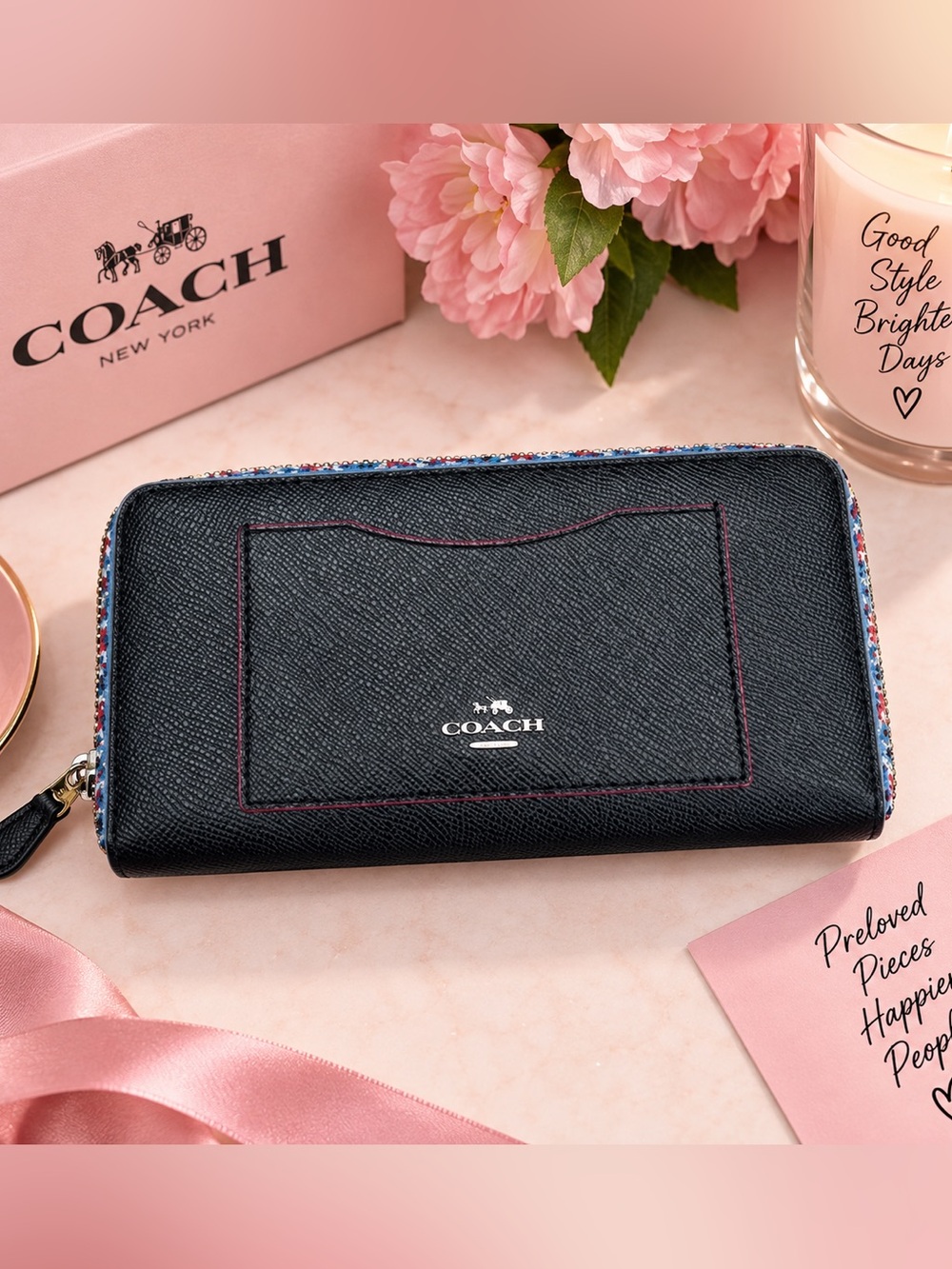 Coach Black Leather Zip Wallet with Multicolor Floral Trim